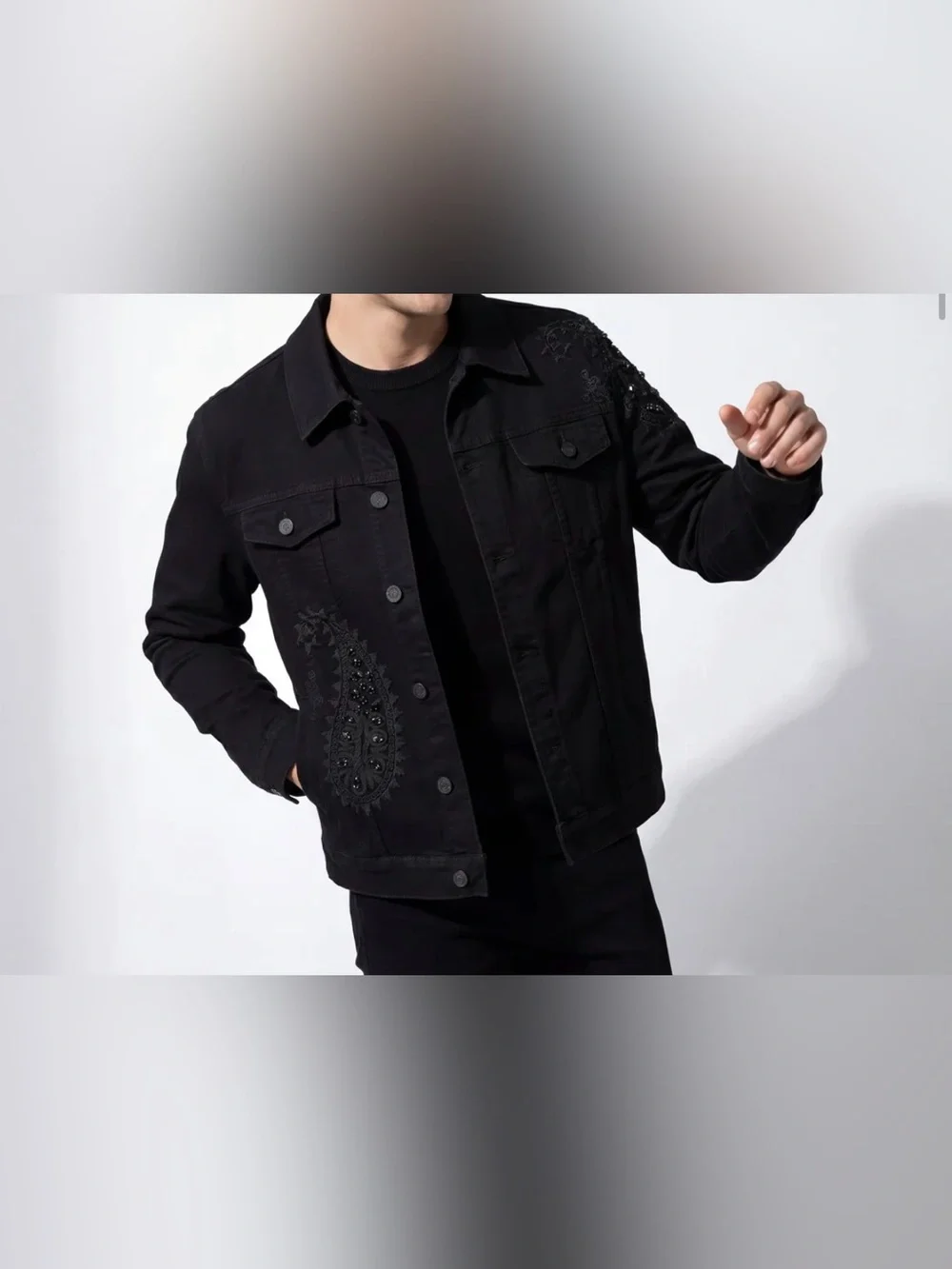 Men's Black Paisley Embroidered Denim Jacket